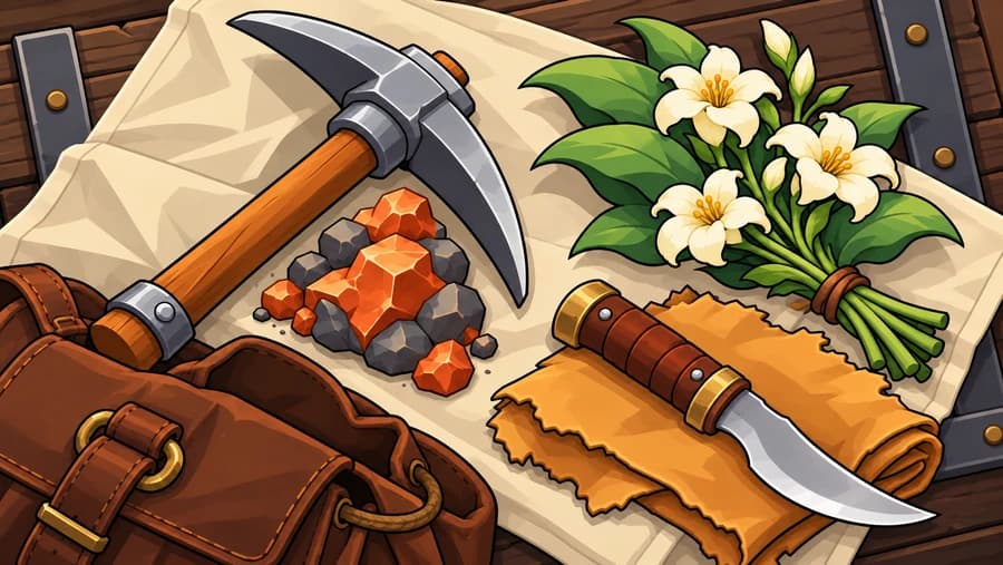 A pickaxe, herbs and skinning tools for the three gathering professions