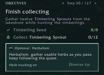 Wisp’s Night Elf guide shows an optional Herbalism reminder alongside Timberling quest objectives.