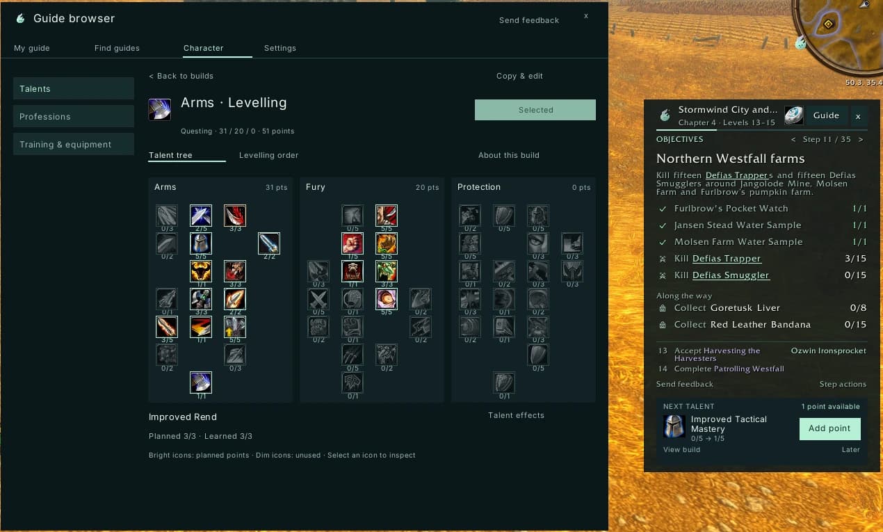 An Arms levelling talent plan alongside Wisp’s next-talent reminder for Improved Tactical Mastery.