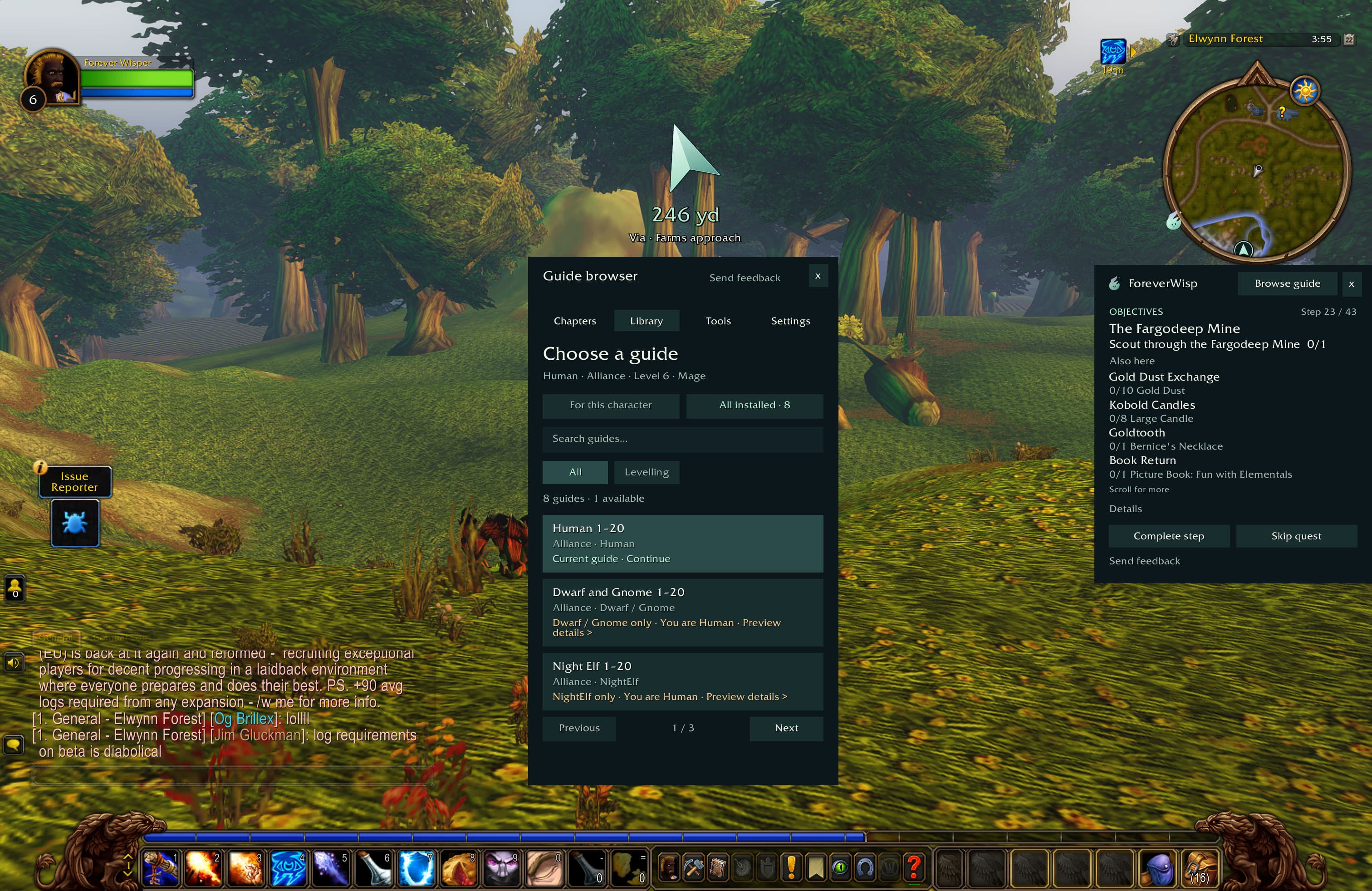 All installed guides shows Human, Dwarf and Gnome, and Night Elf routes, with race restrictions and page controls.