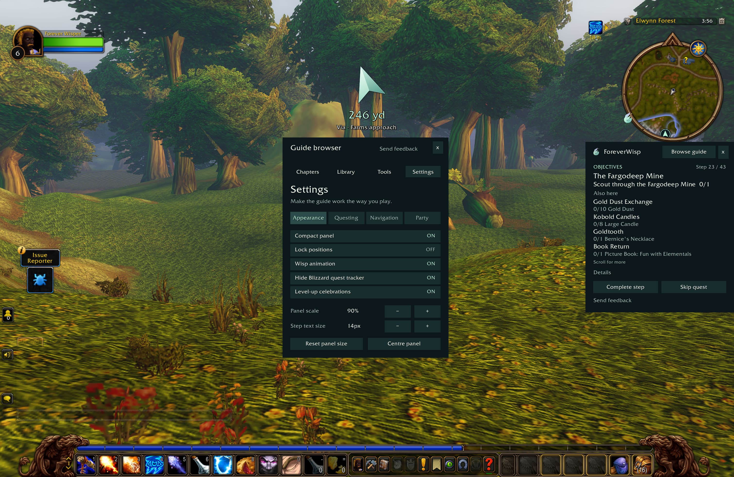 Appearance settings include compact panel, lock positions, Wisp animation, panel scale and step text size.
