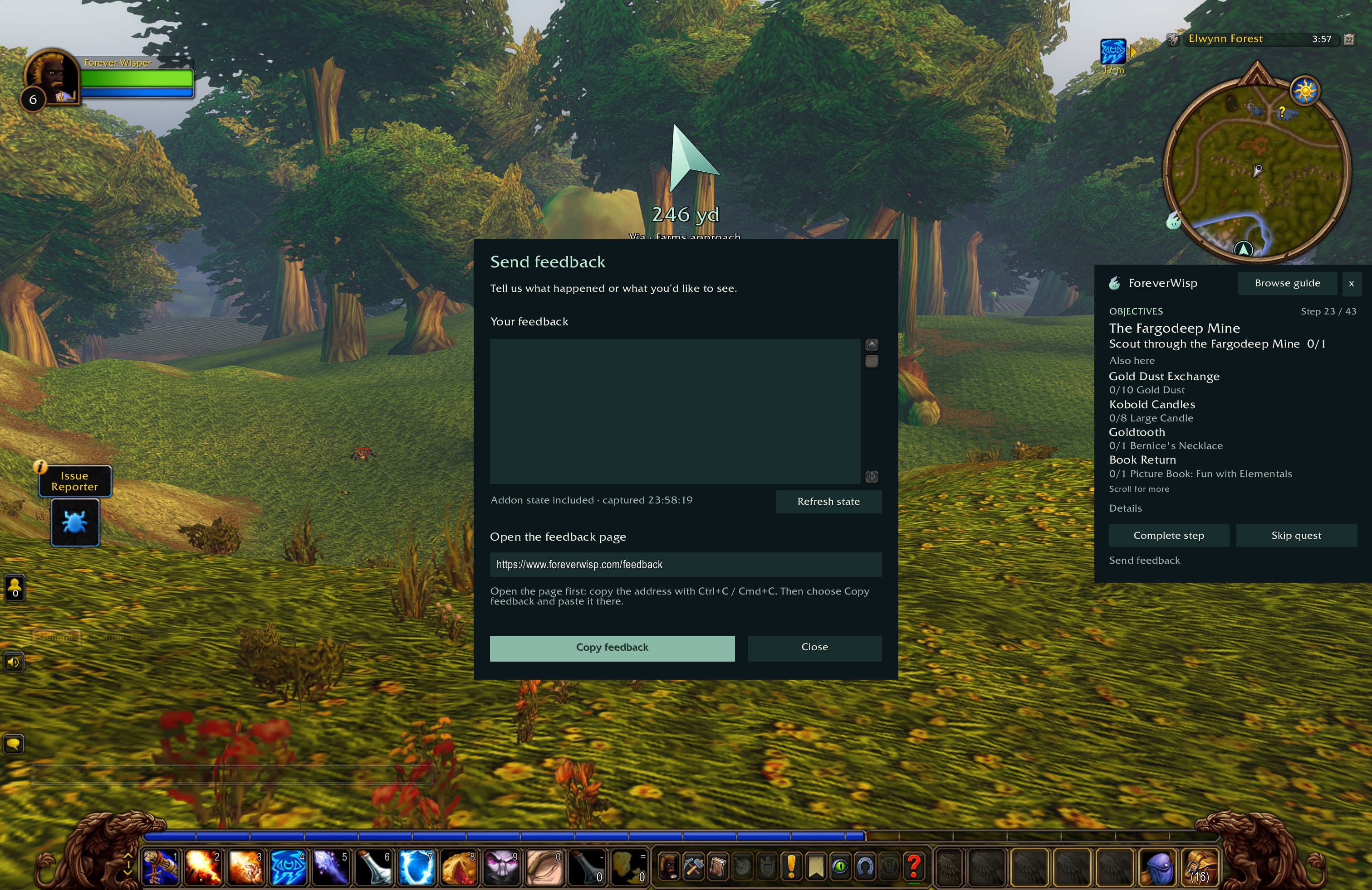 The empty Send feedback panel with message area, addon state, website address, Copy feedback and Close buttons.