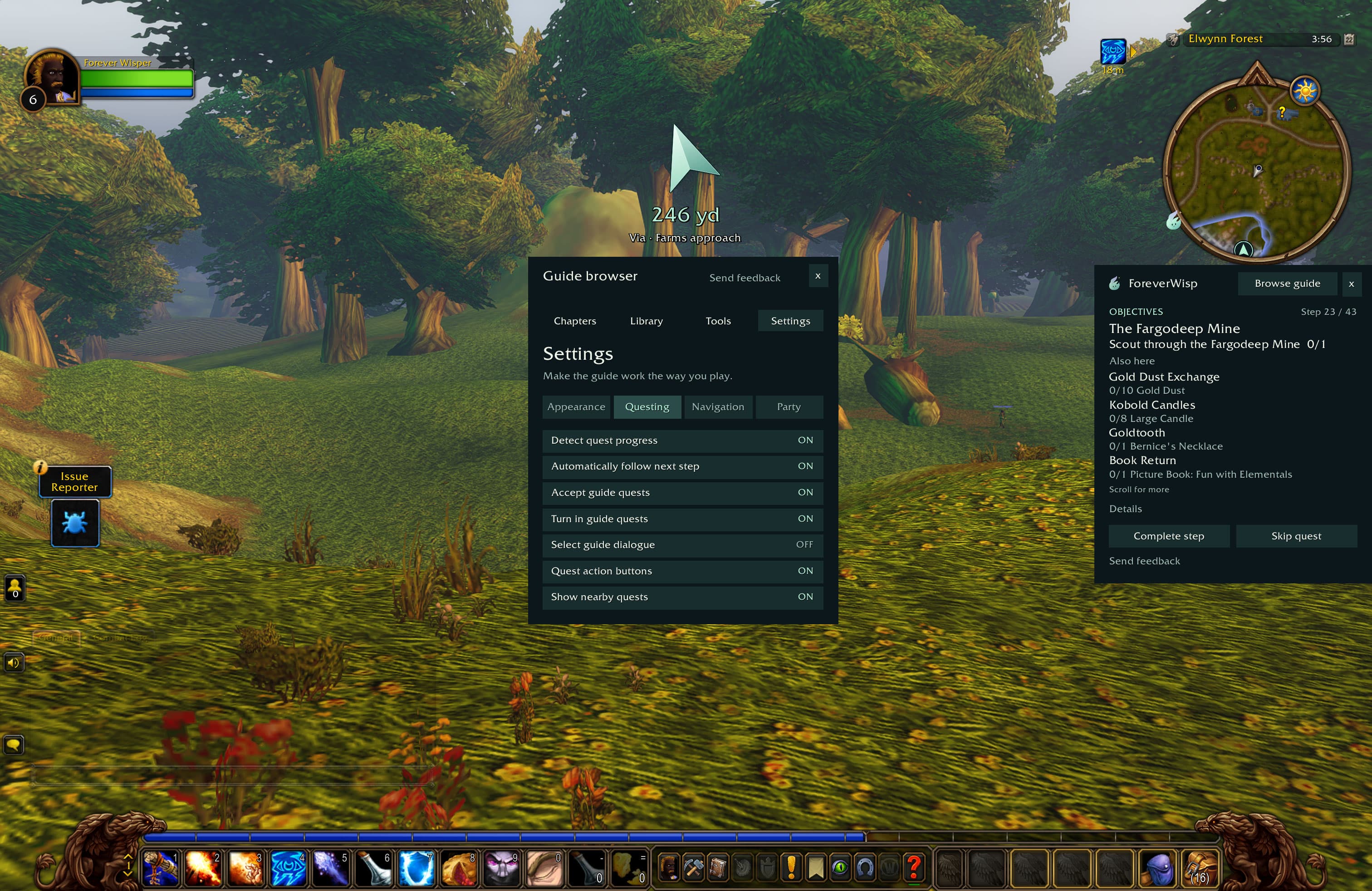 Questing settings with progress detection, follow next step, accept guide quests, turn in guide quests and nearby quests enabled.