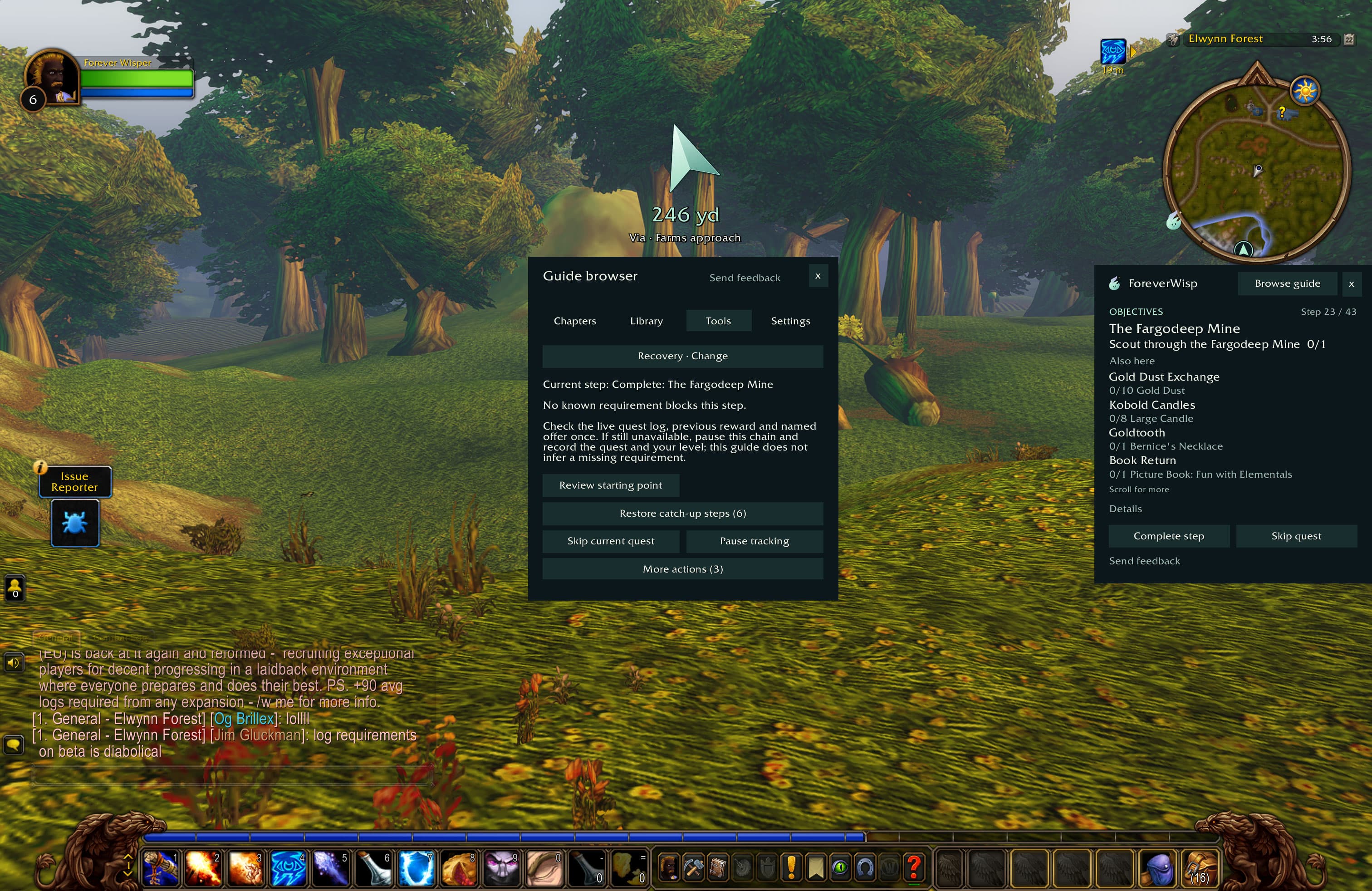 Recovery tools show Review starting point, Restore catch-up steps, Skip current quest and Pause tracking.
