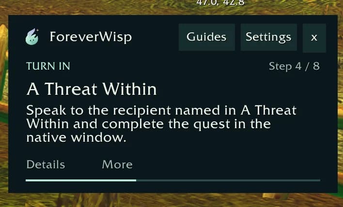Wisp guide panel showing A Threat Within as a turn-in task on step four of eight.
