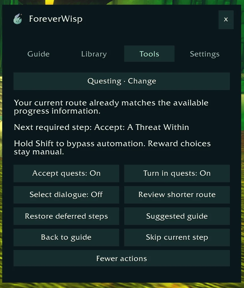 Wisp’s Tools tab showing the next required step and quest acceptance and turn-ins switched on.