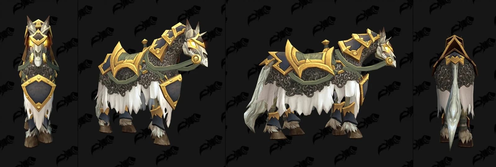 Forsaken Paladin skeletal horse model in gold-trimmed armour and torn white cloth, shown from four angles.