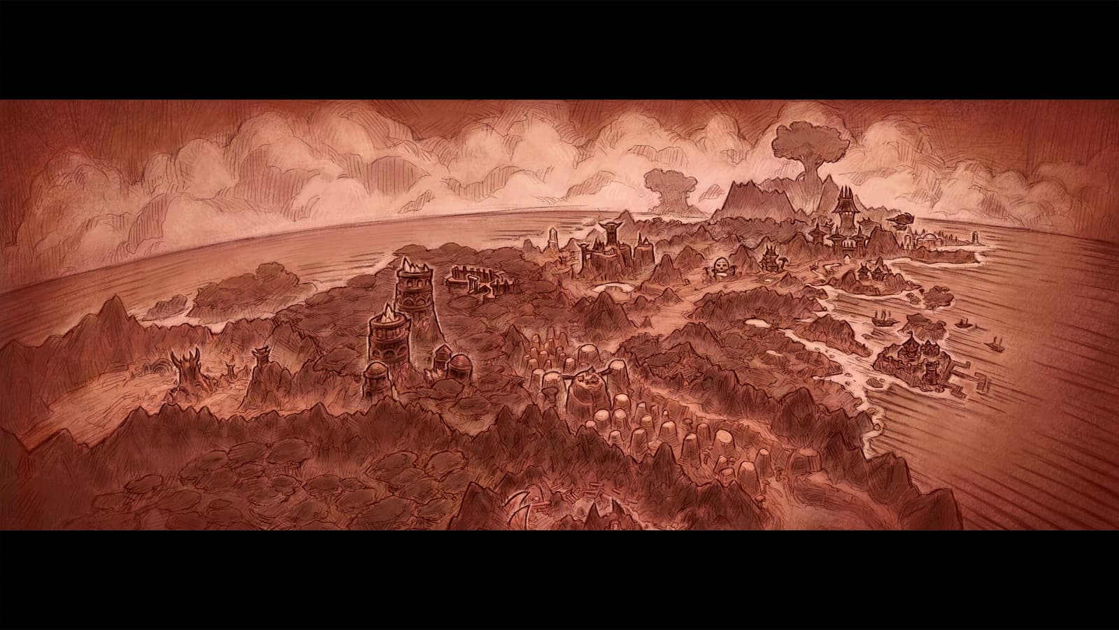 Datamined Kalimdor loading artwork showing settlements, mountains, coastline and islands in a red-brown panorama.