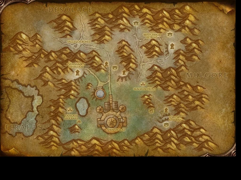 Datamined Shen’dralas map with Valley of Bones to the north, Evenshade’s Overlook, Magram Front and Forlorn Gardens.
