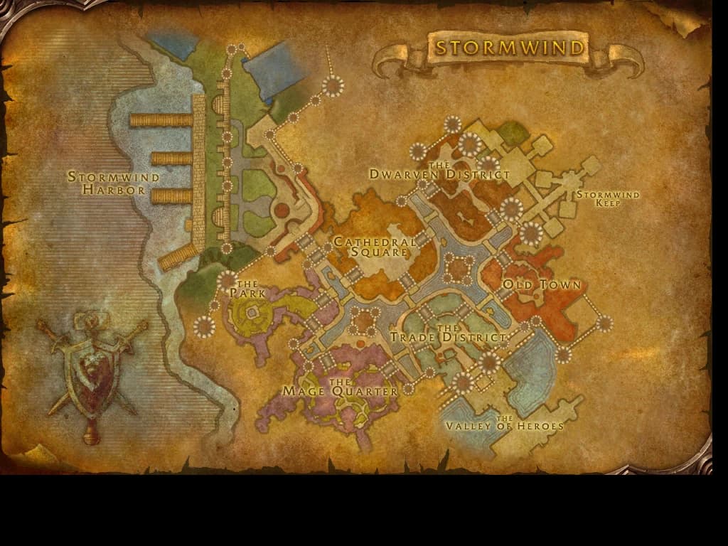 Datamined Stormwind map showing Stormwind Harbor and its docks west of Cathedral Square and the Dwarven District.
