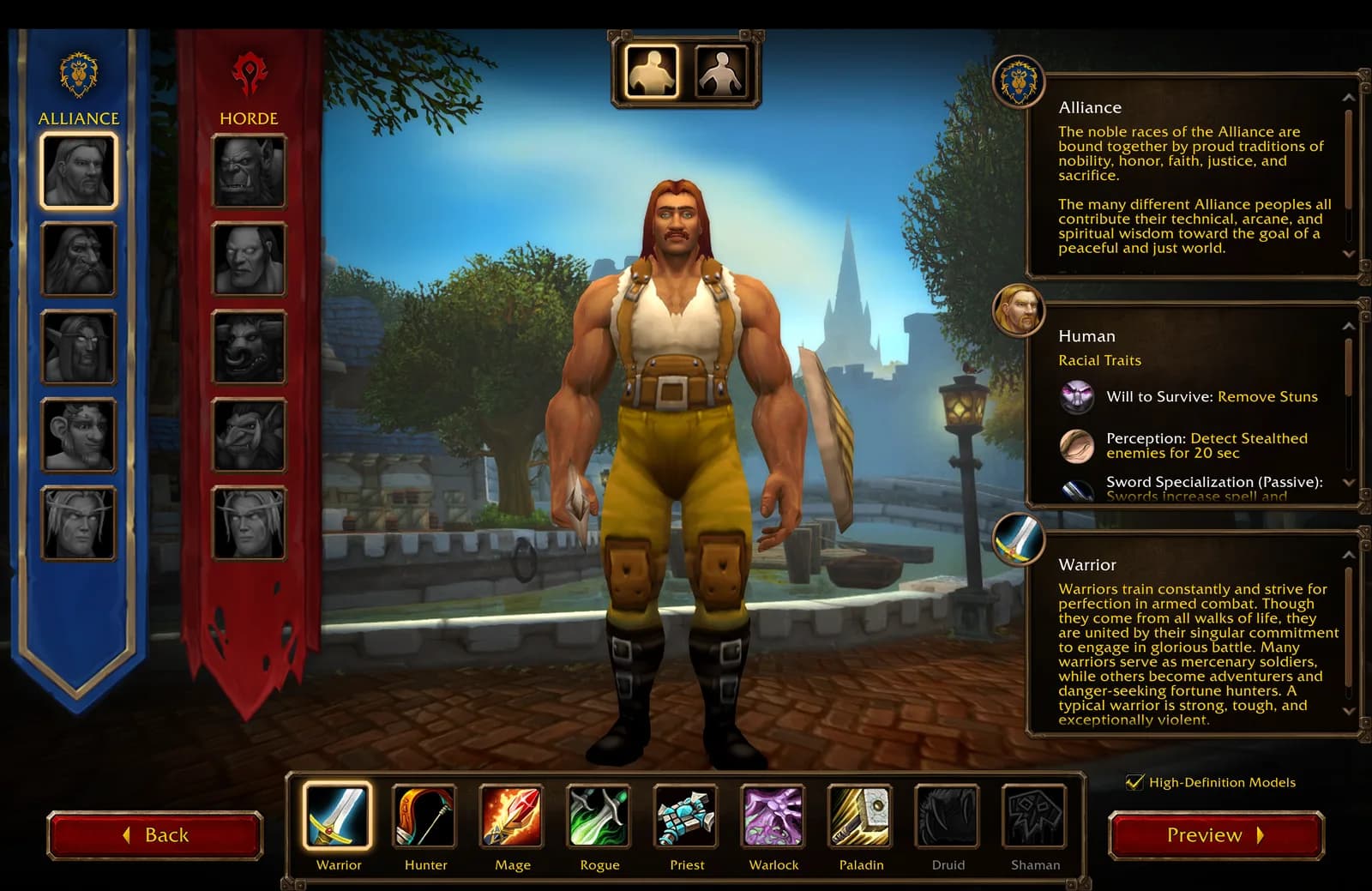 Human Warrior preview in the WoW Forever beta character-creation screen, with race choices and class buttons below the character.