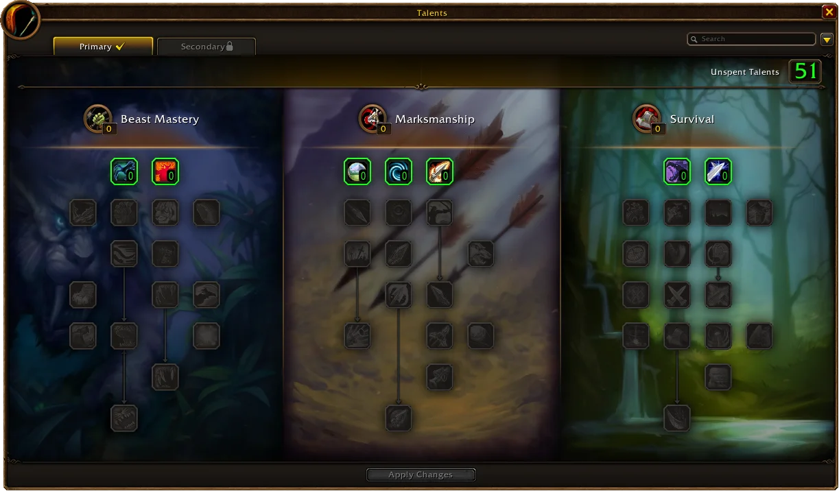 Blizzard’s Hunter talent preview showing Beast Mastery, Marksmanship and Survival.
