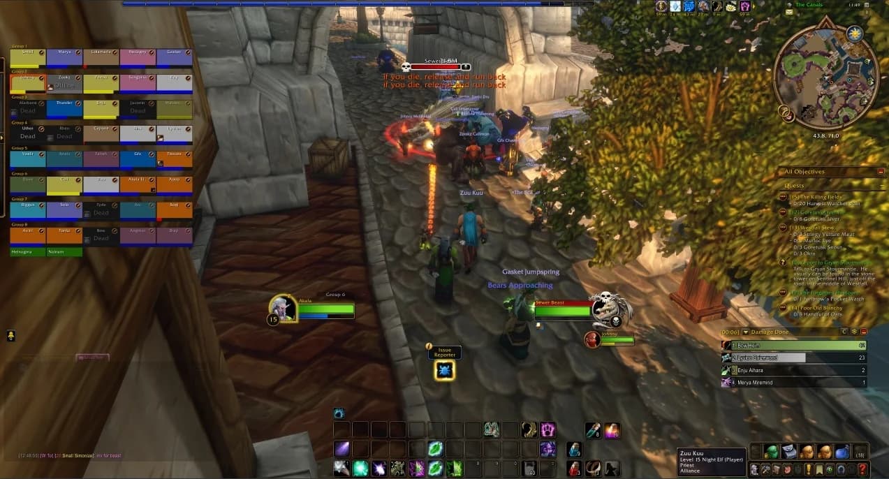 A large beta group fighting the Sewer Beast in Stormwind’s canals.