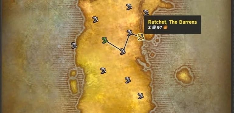 Flight map showing the Thunder Bluff connection bending south before continuing towards Ratchet, with a fare of 2 silver 97 copper.