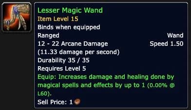 Lesser Magic Wand tooltip showing a sell price of one copper.