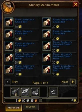 Stondry Darkhammer’s vendor window displaying Blacksmithing plans for chain belts, helms and shirts.