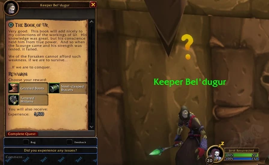 A beta quest reward window for The Book of Ur showing three equipment choices.