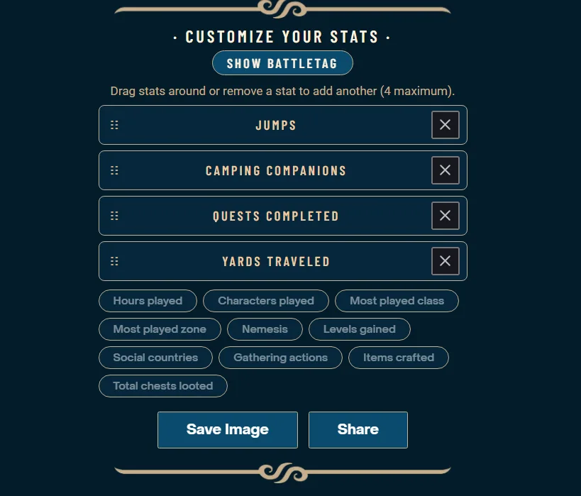 Blizzard’s beta recap builder with four selected statistics and Save Image and Share buttons.