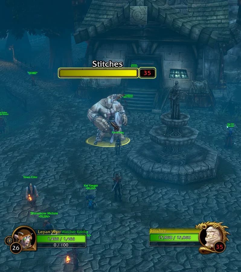 Stitches outside a Darkshire building with a yellow nameplate and level 35 shown.