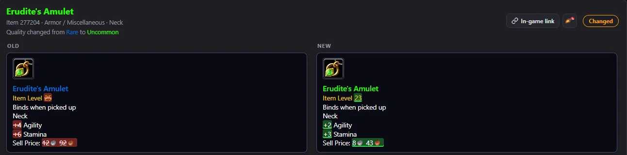 Erudite’s Amulet comparison showing its change from Rare to Uncommon and reduced stats.