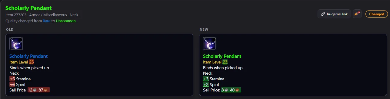 Scholarly Pendant comparison showing the older Rare item and the current Uncommon item.