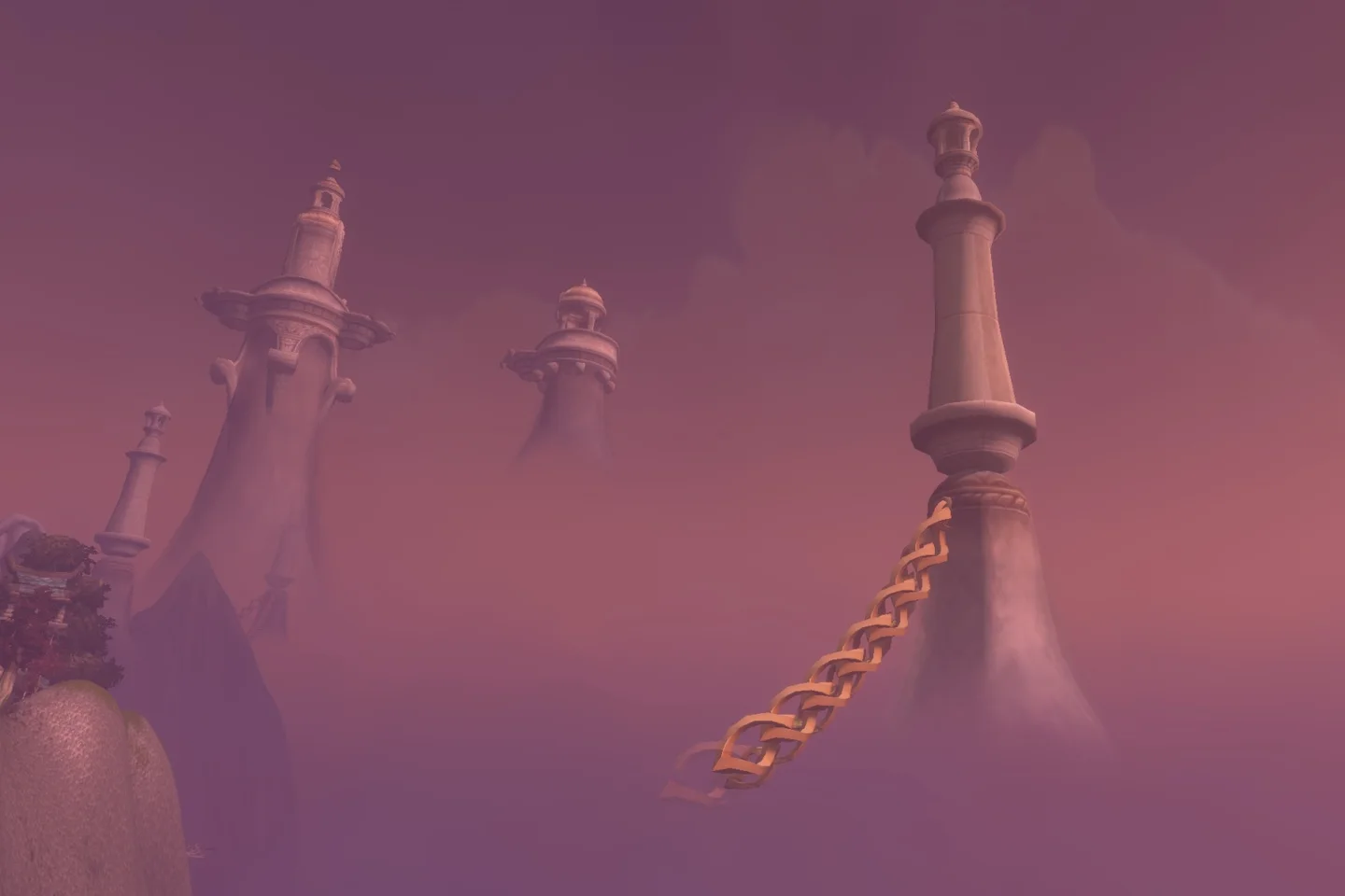Skyborne towers rising above the pink clouds around Zephras Isle.