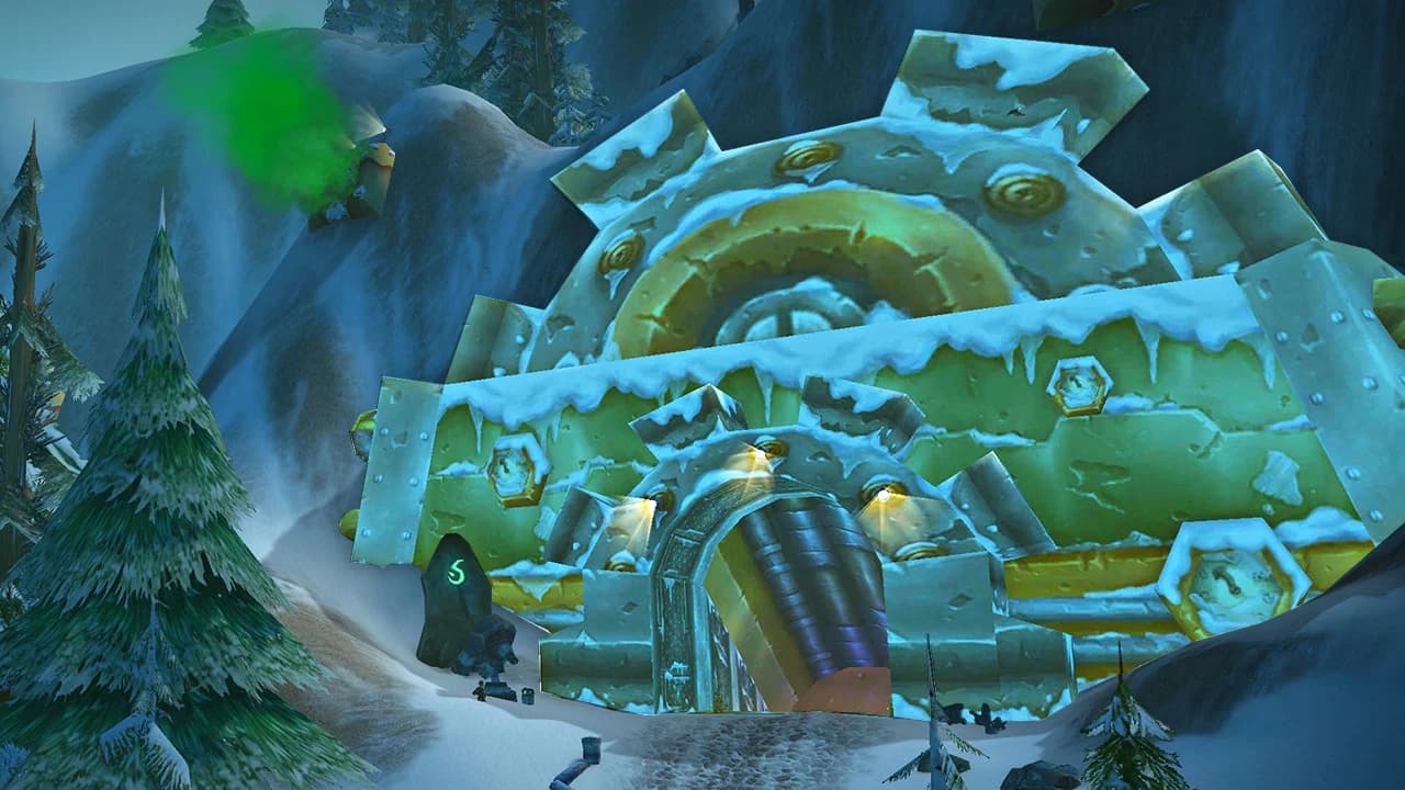 Snow-covered entrance to Gnomeregan with its large mechanical doorway.