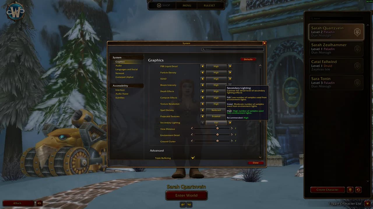 Forever beta Graphics menu with Secondary Lighting set to Fair.