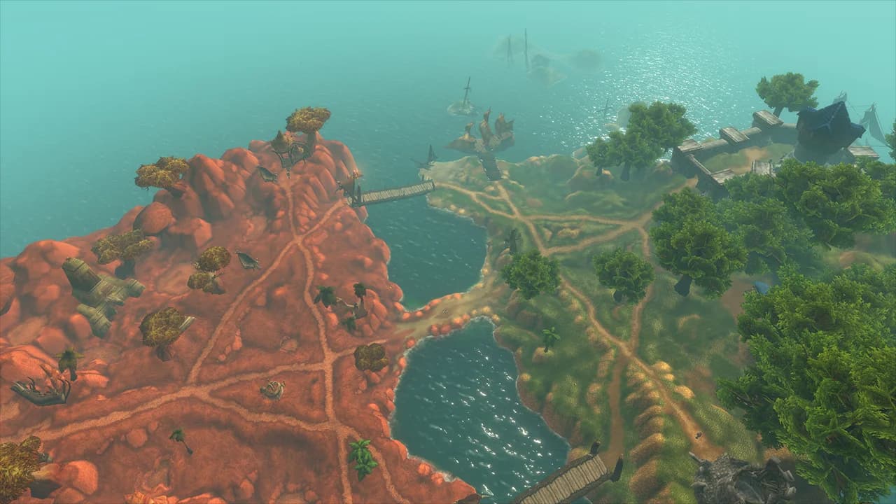 An overhead view of the Darkspear Islands, with bridges joining rocky and forested land.
