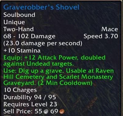 Graverobber’s Shovel tooltip with its two-minute cooldown, two supported cemeteries and 10 charges remaining.