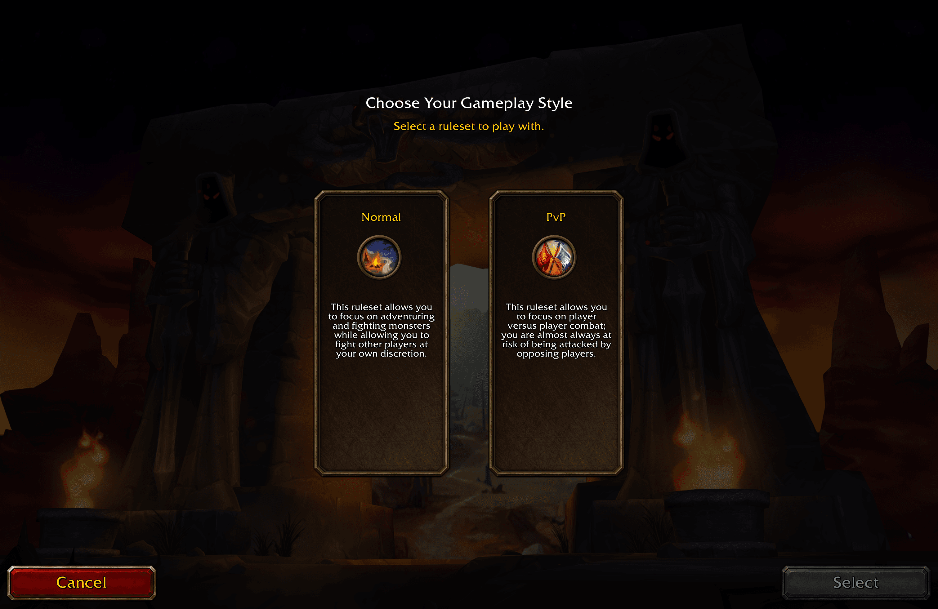 Forever beta gameplay-style selection showing Normal and PvP