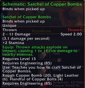 Satchel of Copper Bombs schematic tooltip showing level 13, Engineering 85 and its three crafting materials.