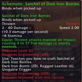 Satchel of Dark Iron Bombs schematic tooltip showing a thrown weapon requiring level 52 and Engineering 285.