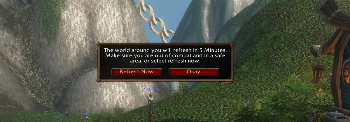 Forever world refresh warning with a five-minute countdown and Refresh Now and Okay buttons.