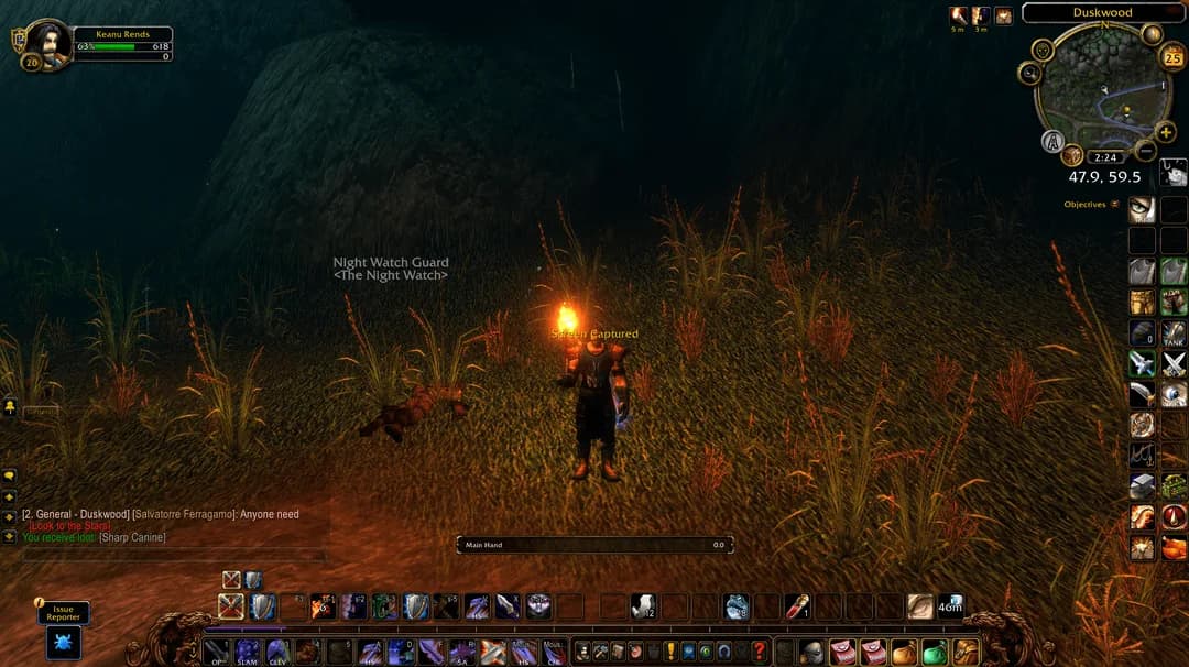 A player holding a lit torch beside a fallen Night Watch Guard in Duskwood, with minimap coordinates 47.9, 59.5.