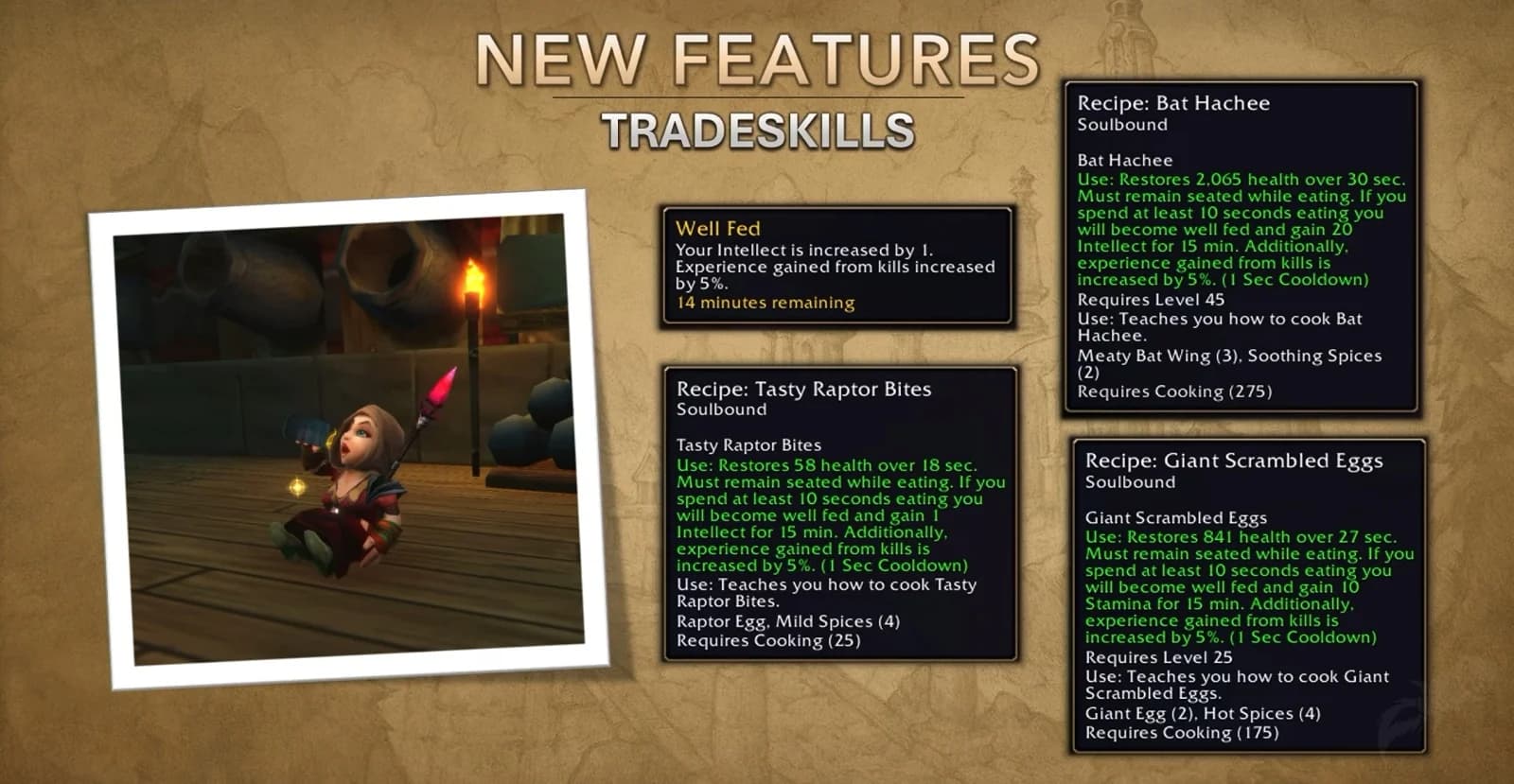 WoW Forever tradeskills preview showing a Well Fed buff with 5% experience from kills alongside food recipe tooltips.