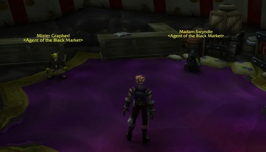 Mister Graphed on the left and Madam Swyndle on the right, standing under a striped tent in Powderfuse Port.