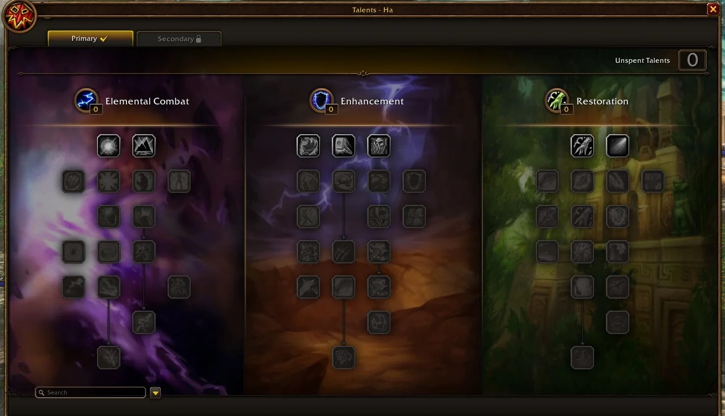 Inspected Shaman talent window with Elemental Combat, Enhancement and Restoration trees.