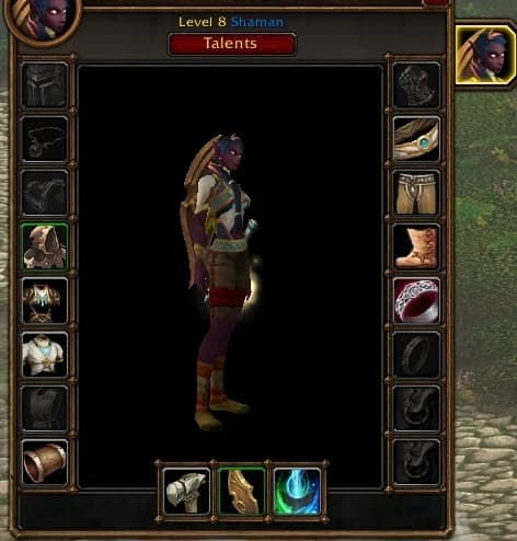 The red Talents button below Level 8 Shaman in the Forever Inspect window.