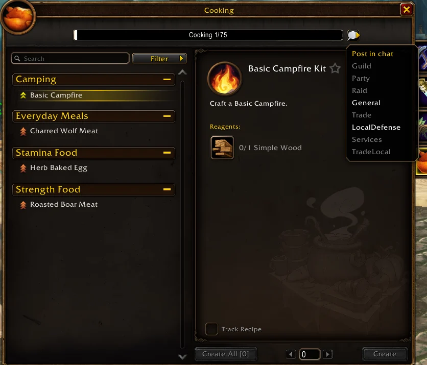 Cooking profession window with the Post in chat menu opened beside the skill bar.