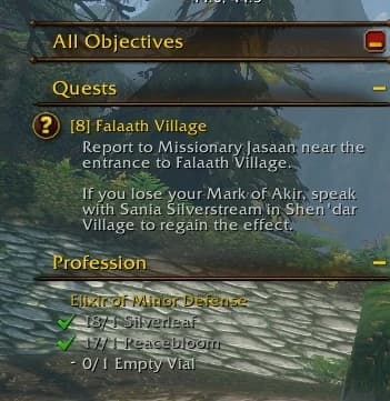 Elixir of Minor Defense ingredients shown in the Profession section of the objective tracker.