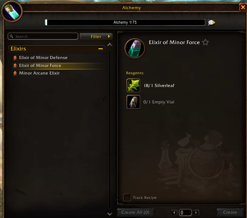 Forever Alchemy window with Track Recipe below the selected recipe’s materials and a chat bubble beside the skill bar.