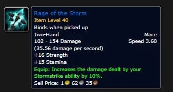 Rage of the Storm tooltip showing a two-handed mace with Strength, Stamina and a Stormstrike damage bonus.
