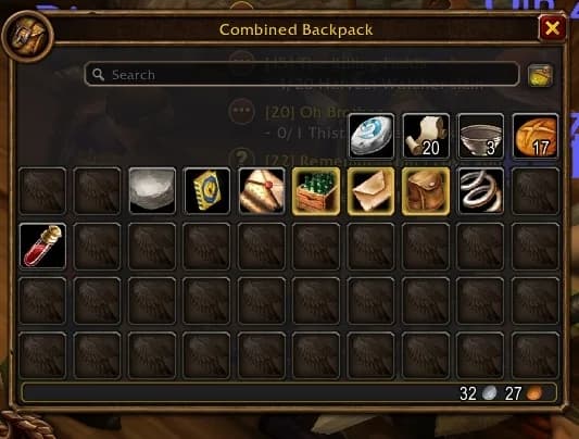 Backpack after the test auction showing a balance of 32 silver and 27 copper.