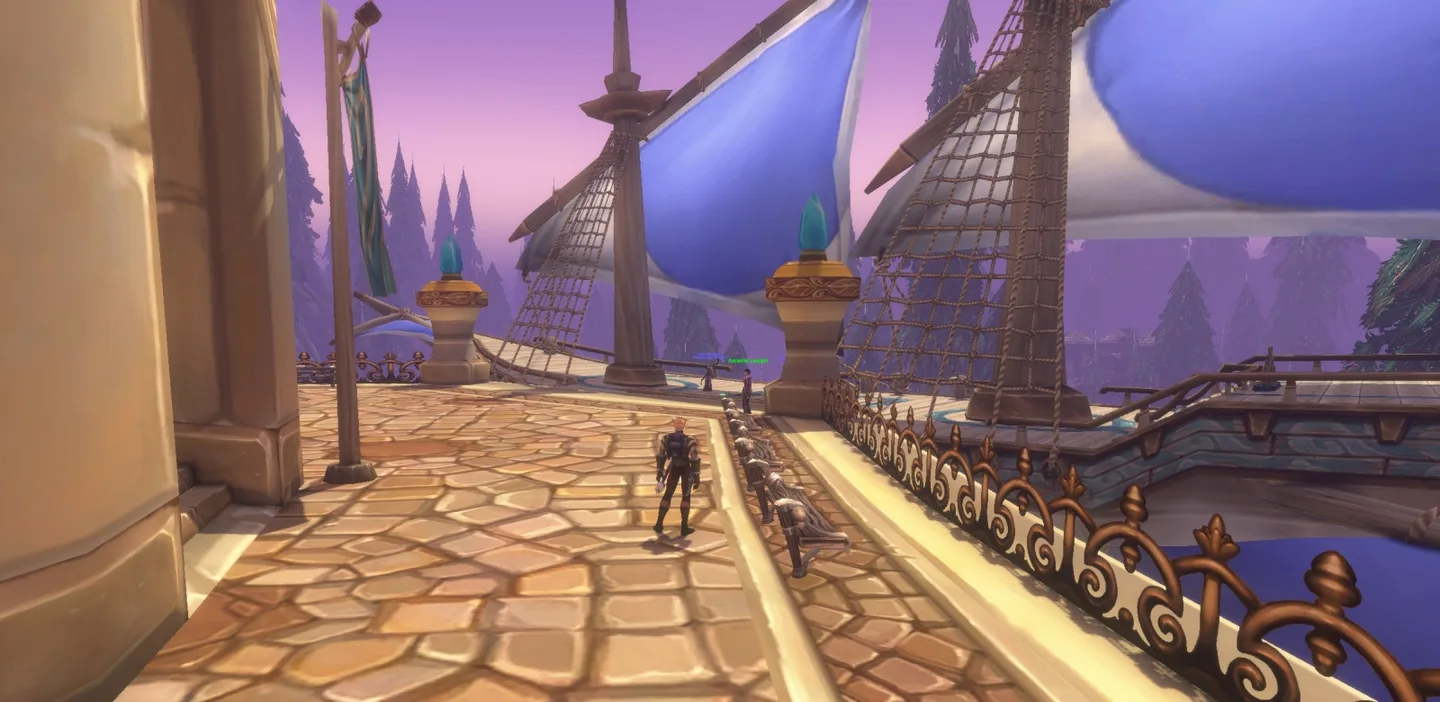 A character standing beside a flying boat with blue sails at Dalaran in the Forever beta.