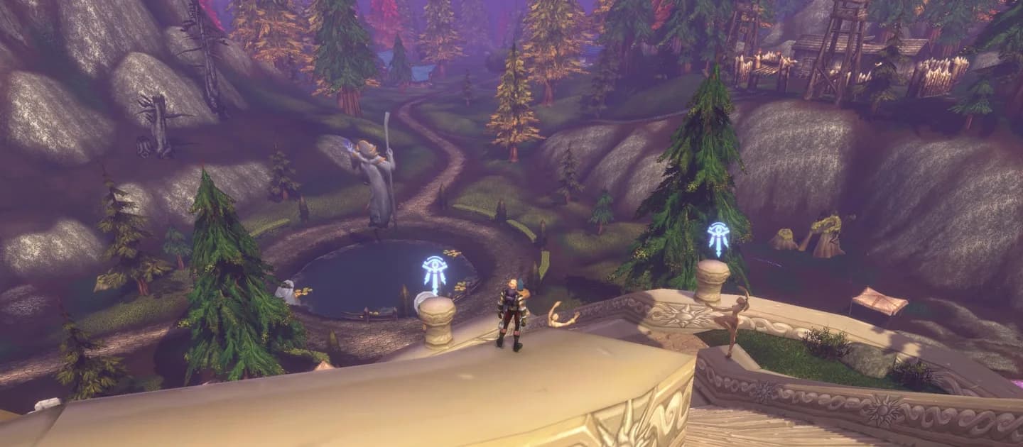 Dalaran’s entrance stairs overlooking the forest in the Forever beta.