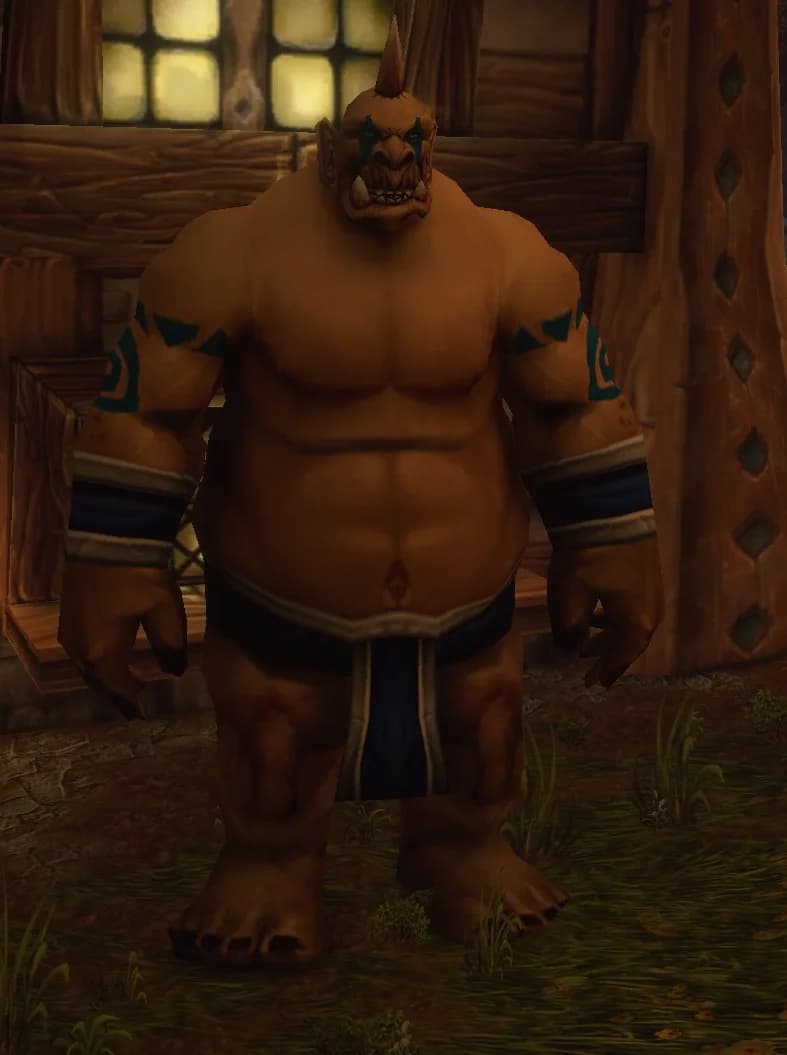 A player transformed into a tattooed Ogre by Savory Whimsyfin Delight in the Forever beta.