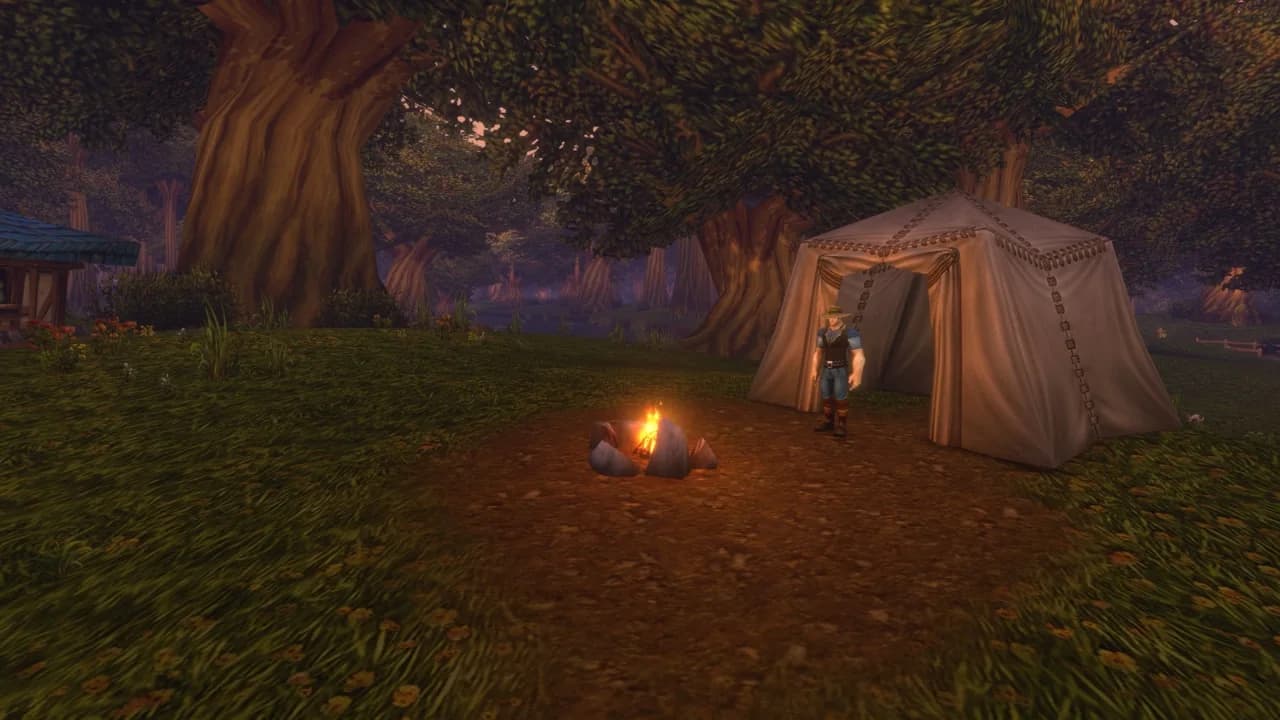 A character beside a campfire and canvas tent in Blizzard’s WoW Forever Camping preview.