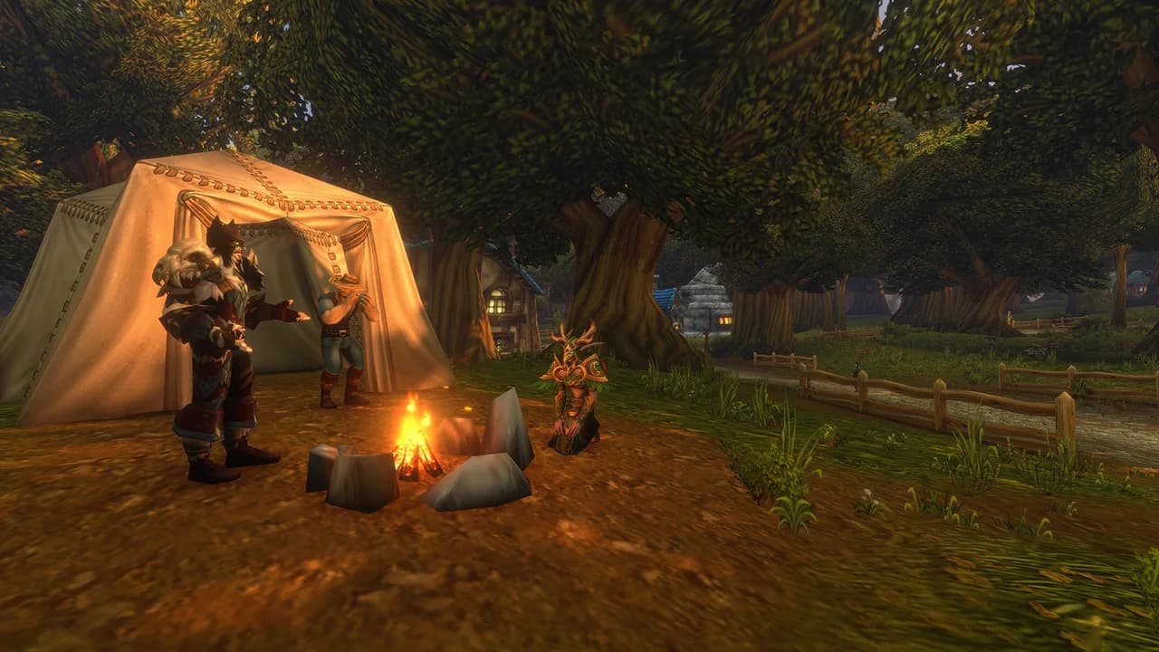 Adventurers resting by a glowing campfire beside a tent and a wooden fence.