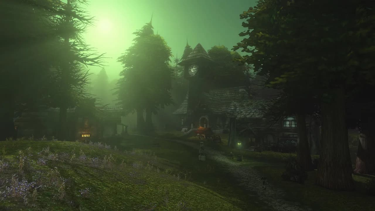 Green-lit conifer forest and a wild grassy trail — official forever preview screenshot
